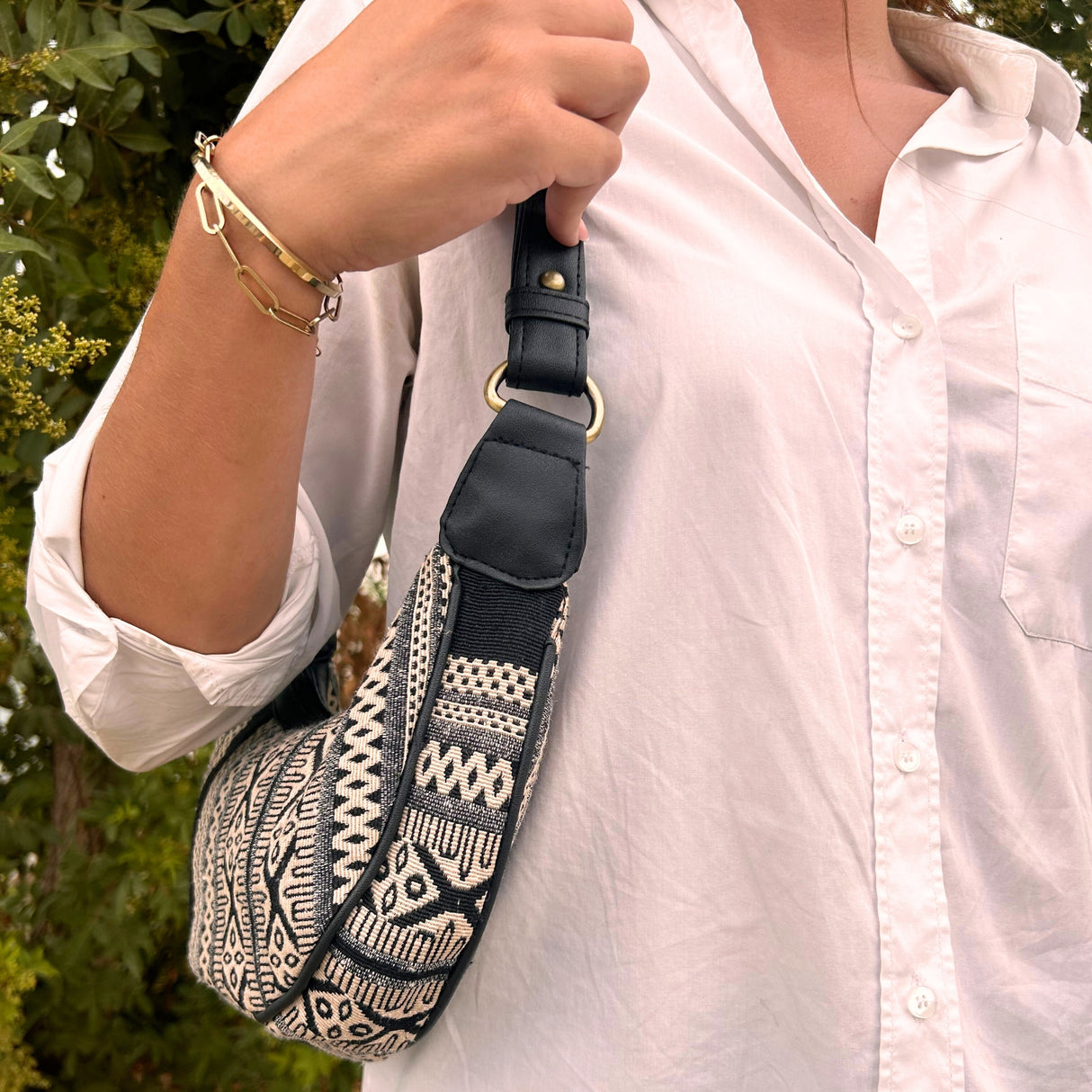 Sac hobo jacquard gris métro sangle noire