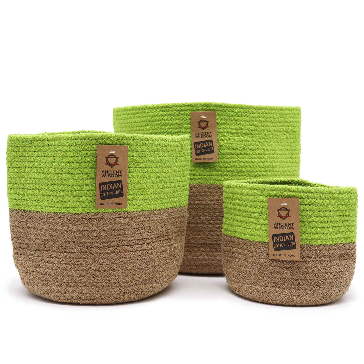 Set of 3 Eco-Friendly Cotton Rope Storage Baskets - Pistachio Green and Natural Jute, Made in India by Ancient Wisdom