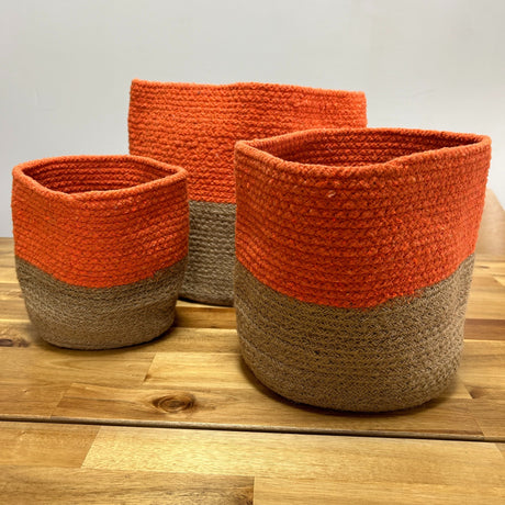 Set of 3 Indian Cotton Rope Storage Baskets - Two-Tone Orange and Jute Design by Ancient Wisdom