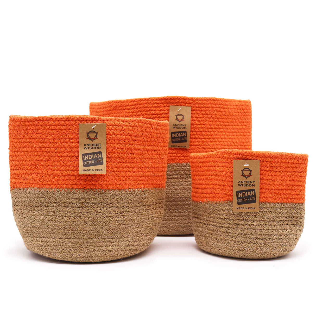 Set of 3 Indian Cotton Rope Storage Baskets - Two-Tone Orange and Jute Design by Ancient Wisdom