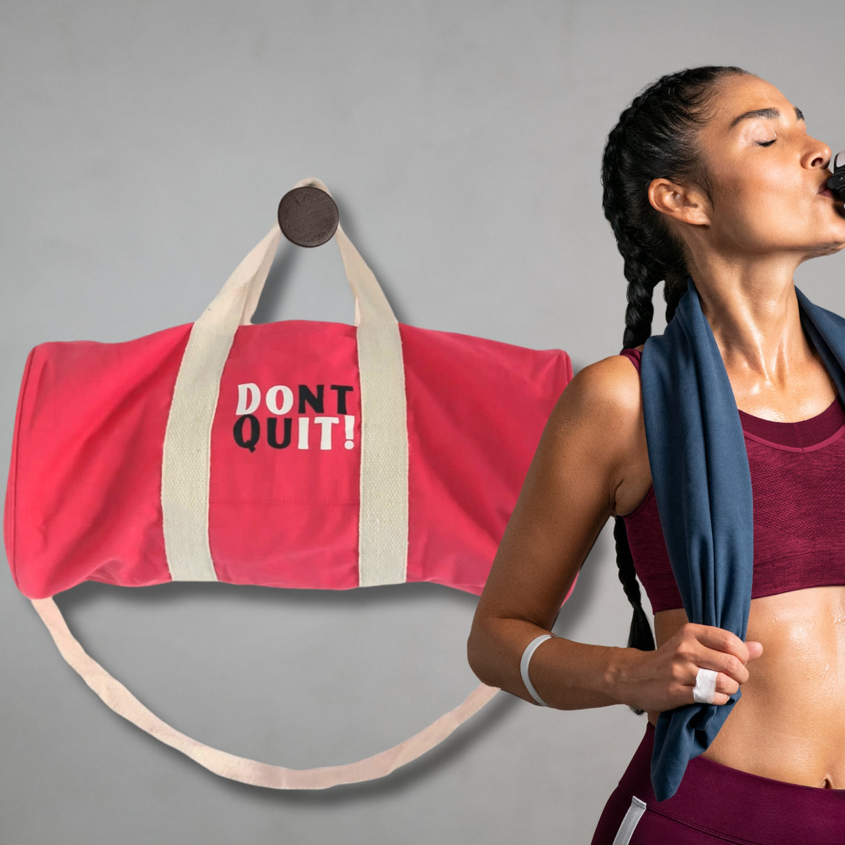 Motivational 'Don't Quit' Cherry Pink Gym Duffel Bag with Beige Straps - Perfect for Fitness and Travel