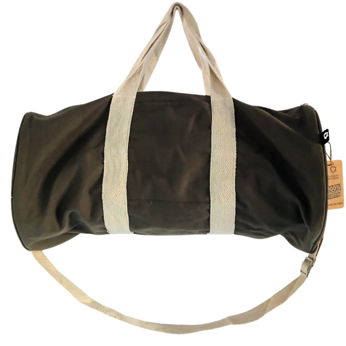 Olive Green 'Don't Quit' Cylindrical Duffel Gym Bag with Adjustable Shoulder Strap and Beige Handles