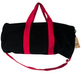 Durable Black Duffel Gym Bag with Cherry Pink Handles and Shoulder Strap - Cylindrical Shape