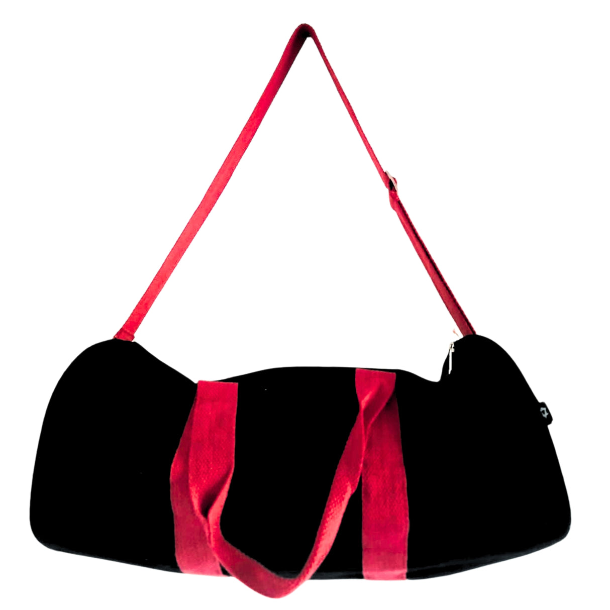 Durable Black Duffel Gym Bag with Cherry Pink Handles and Shoulder Strap - Cylindrical Shape