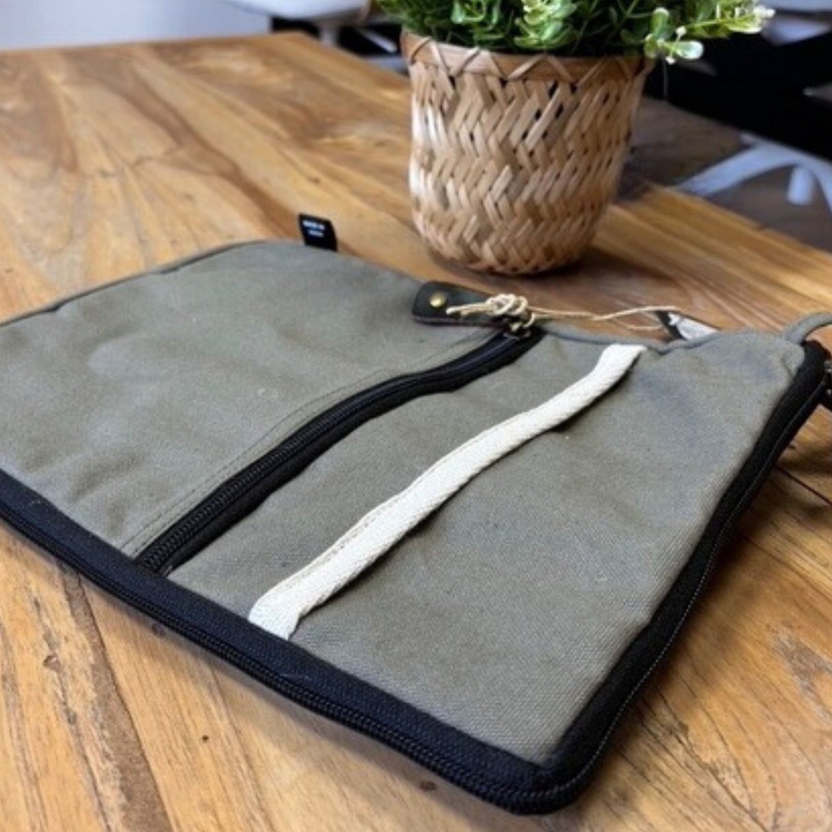 Olive Canvas Tablet Pouch with Quick Access Design and Extra Side Pocket - Slim, Portable, and Stylish Organizer for On-the-Go Lifestyles