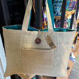 Tote Bag Reversible Jute Cotton Pocket Button Closure