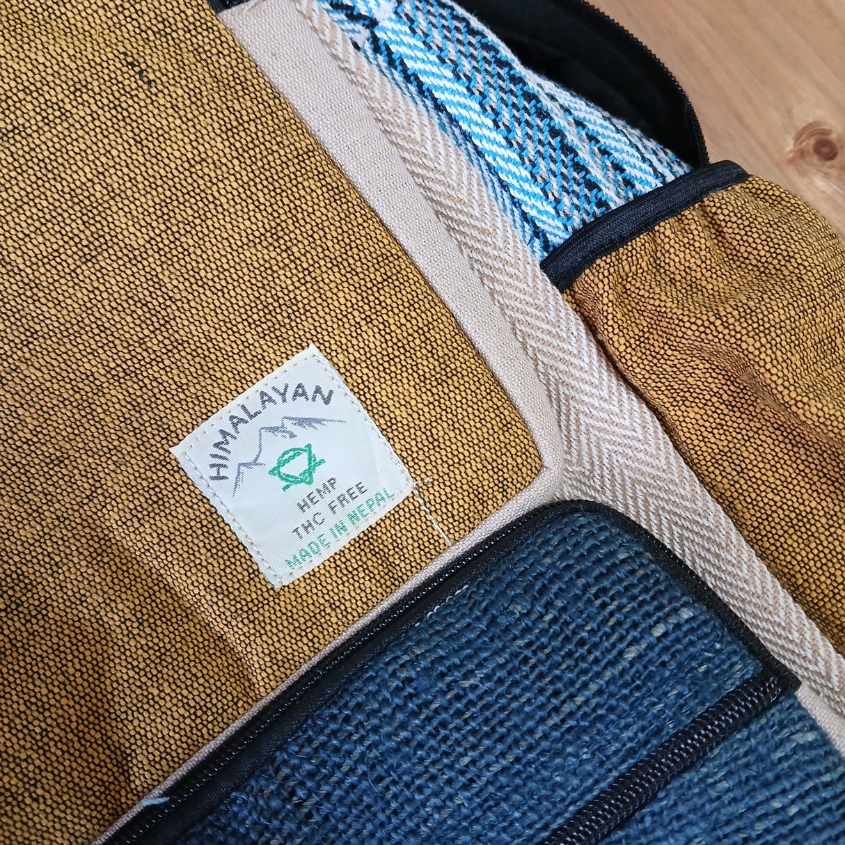 Eco-Friendly Large Boxy Hemp Backpack in Teal & Turmeric with Multi-Textured Design and Ample Storage