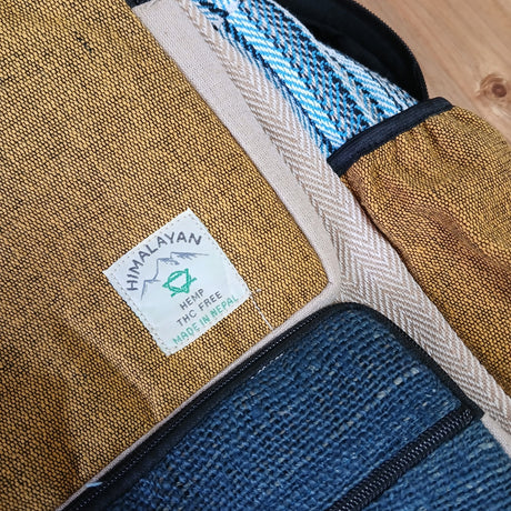 Eco-Friendly Large Boxy Hemp Backpack in Teal & Turmeric with Multi-Textured Design and Ample Storage