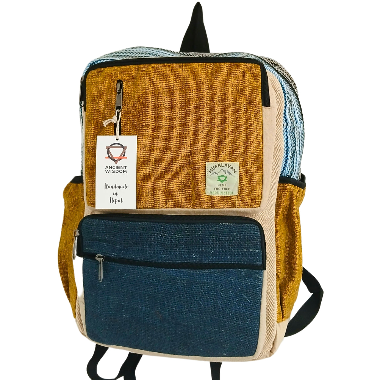 Eco-Friendly Large Boxy Hemp Backpack in Teal & Turmeric with Multi-Textured Design and Ample Storage