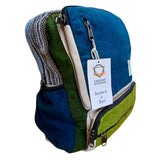 Handmade Teal & Sage Hemp Backpack with Front Zipper Pocket - Eco-Friendly Nepalese Design by Ancient Wisdom