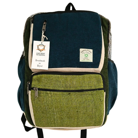 Handmade Teal & Sage Hemp Backpack with Front Zipper Pocket - Eco-Friendly Nepalese Design by Ancient Wisdom