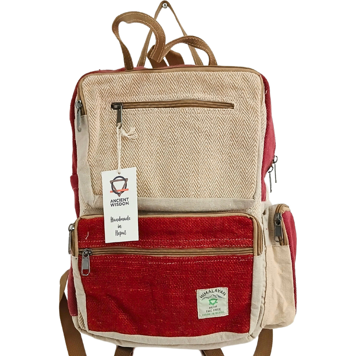 Handmade Large Boxy Hemp Backpack in Wine & Cream with Herringbone Pattern - Himalayan by Ancient Wisdom, Made in Nepal