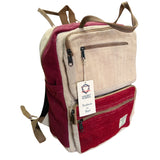 Handmade Large Boxy Hemp Backpack in Wine & Cream with Herringbone Pattern - Himalayan by Ancient Wisdom, Made in Nepal