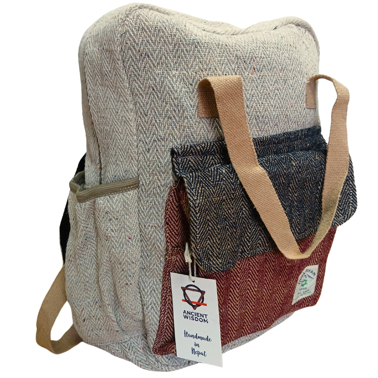 Handmade Hemp Adventure Backpack with Herringbone Pattern - Cream, Dark Blue, and Red - by Ancient Wisdom, Made in Nepal