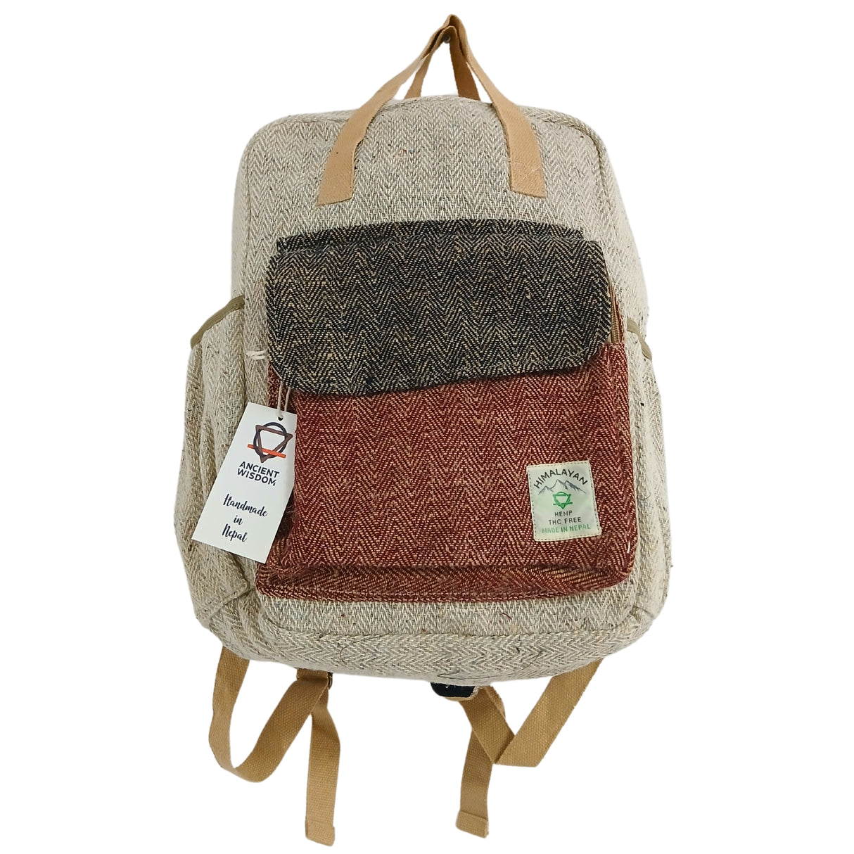 Handmade Hemp Adventure Backpack with Herringbone Pattern - Cream, Dark Blue, and Red - by Ancient Wisdom, Made in Nepal