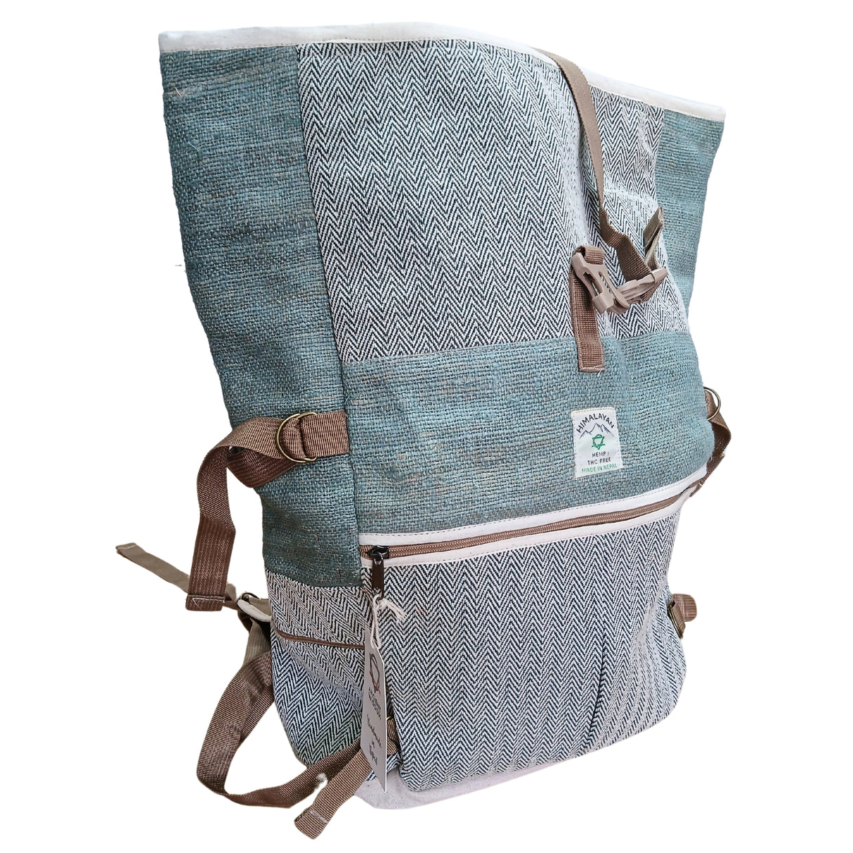 Eco-Friendly Hemp Trekking Roll-Top Backpack in Sage Green with Herringbone Pattern - Handmade in Nepal