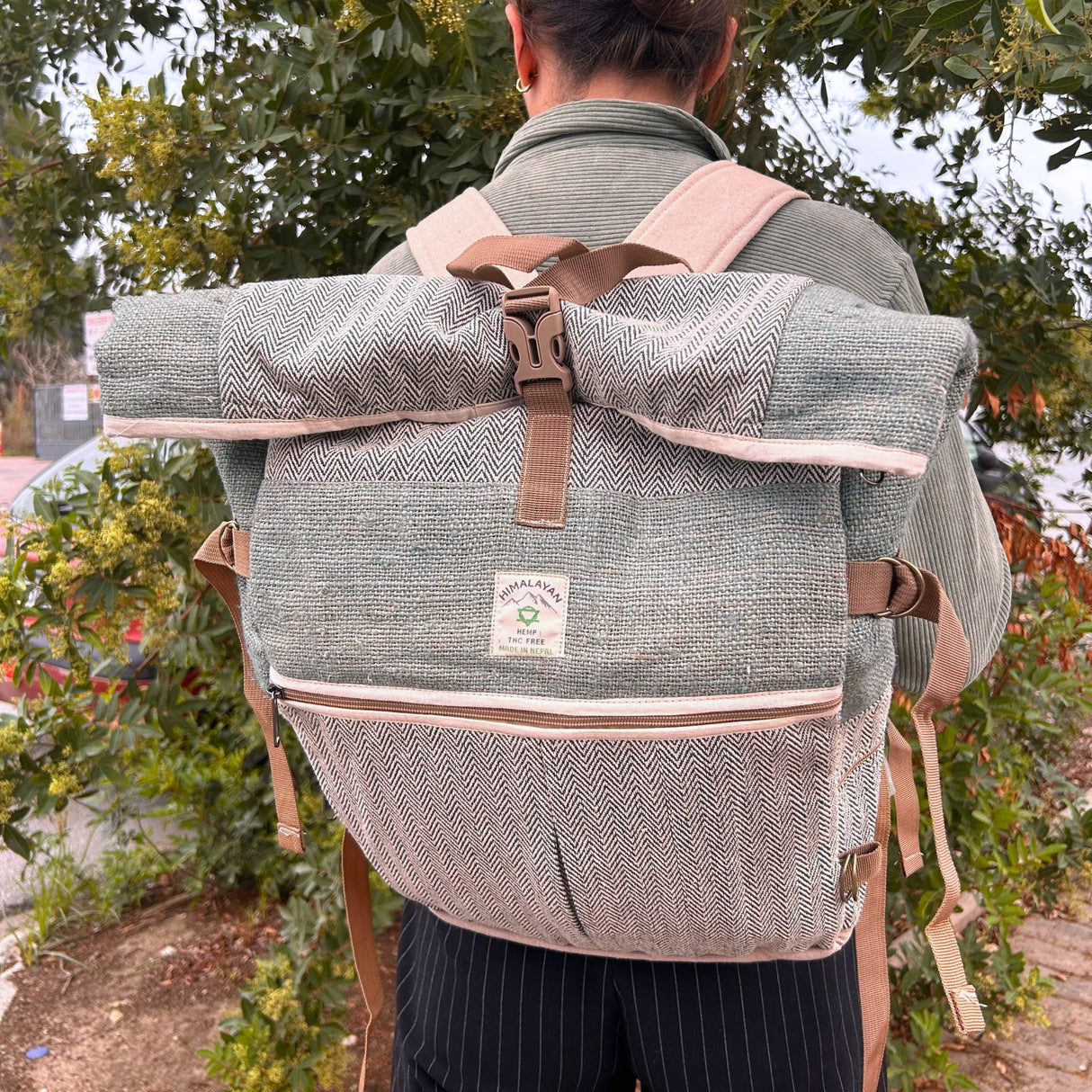 Eco-Friendly Hemp Trekking Roll-Top Backpack in Sage Green with Herringbone Pattern - Handmade in Nepal