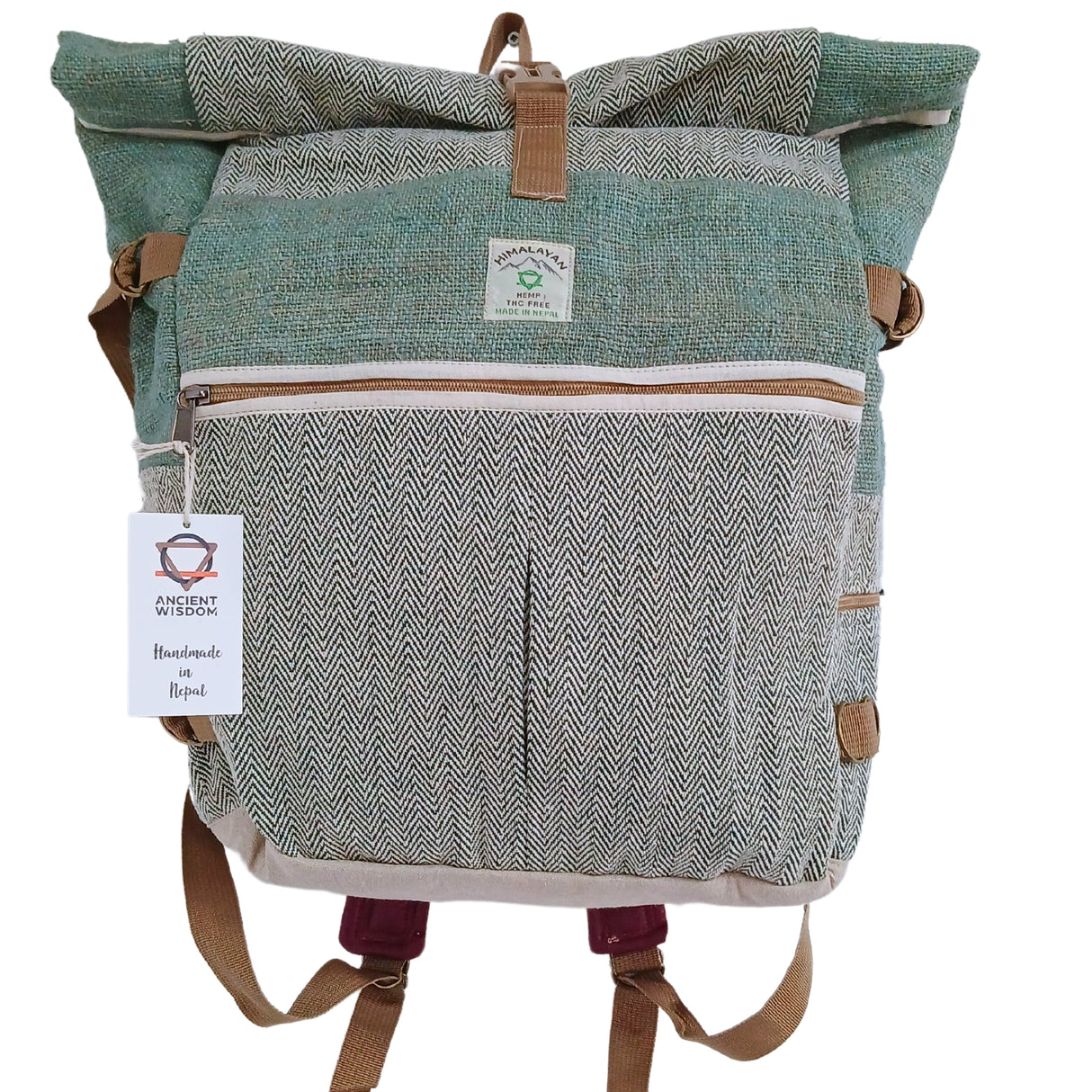 Eco-Friendly Hemp Trekking Roll-Top Backpack in Sage Green with Herringbone Pattern - Handmade in Nepal