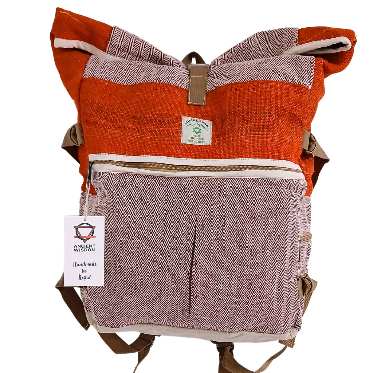 Handmade Hemp Trekking Rolling Backpack in Sunset Orange with Herringbone Pattern - Eco-Friendly and Artisanal Design from Nepal