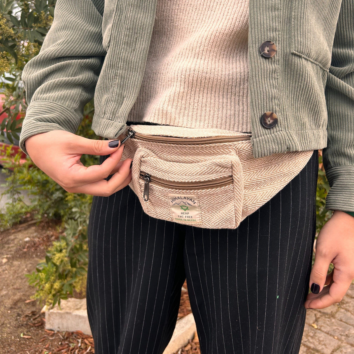 Handmade Natural Cotton Hemp Waist Bag with Herringbone Pattern - Himalayan Fanny Pack from Nepal