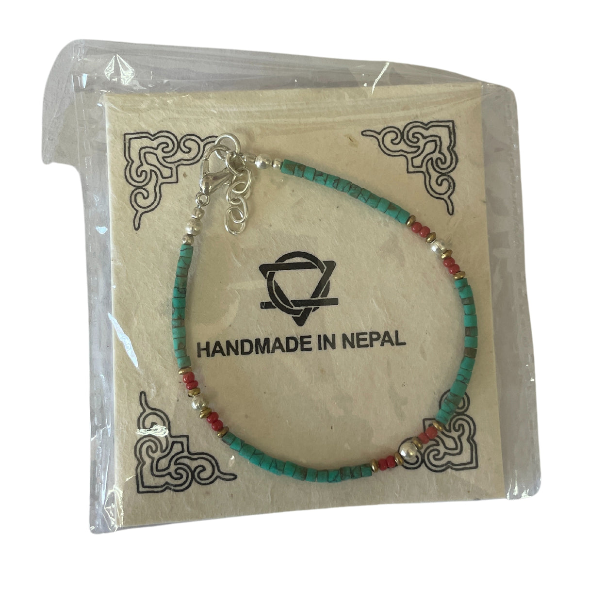 Handcrafted Nepalese Turquoise and Red Stone Beaded Bracelet with Silver Accents