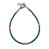 Handcrafted Nepalese Turquoise and Red Stone Beaded Bracelet with Silver Accents