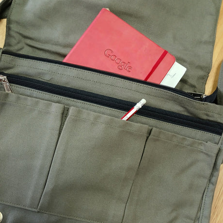 Pamuklu Kanvas Laptop Postacı Çantası - Zeytin Yeşili