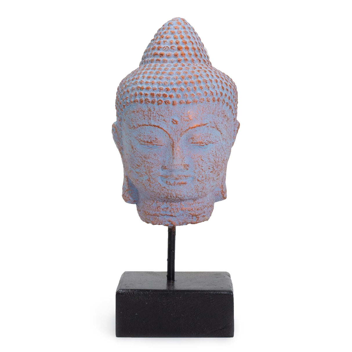 Buddha fej szobor talapzaton kék réz