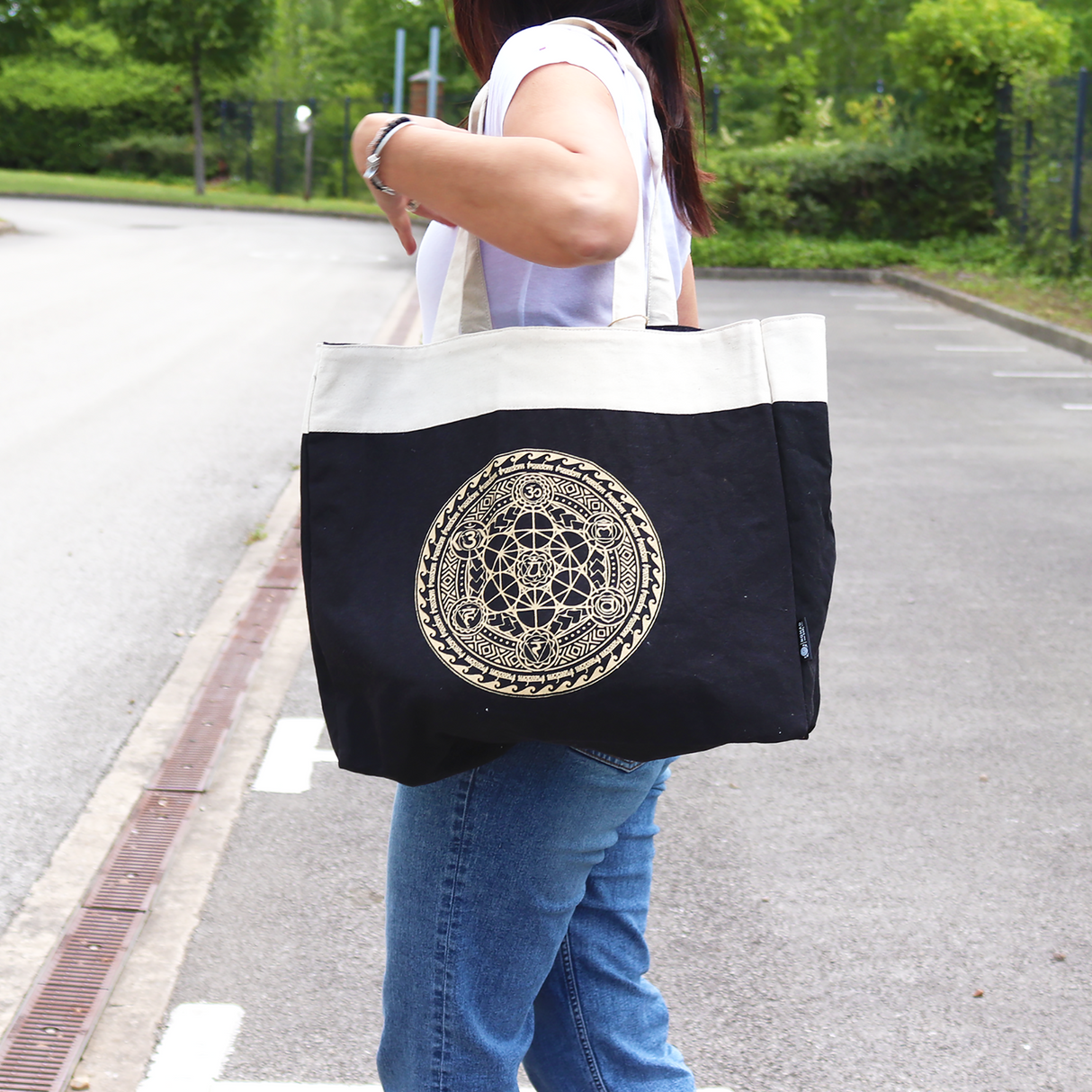 Übergroße Schokoladen stonewash Canvas-Tasche, Gold Mandala