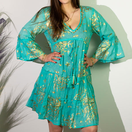 Robe de plage, turquoise or corail sari nomade