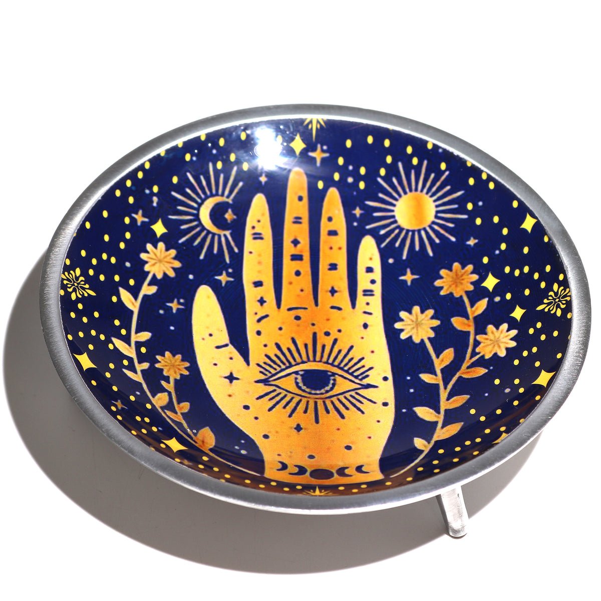 Hamsa Offering Plate Midnight Blue Enameled Three-Legged