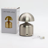 Satin Silver Mushroom Touch Table Lamp, USB‑C Rechargeable