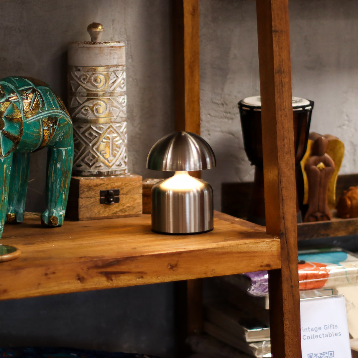 Satin Silver Mushroom Touch Table Lamp, USB‑C Rechargeable