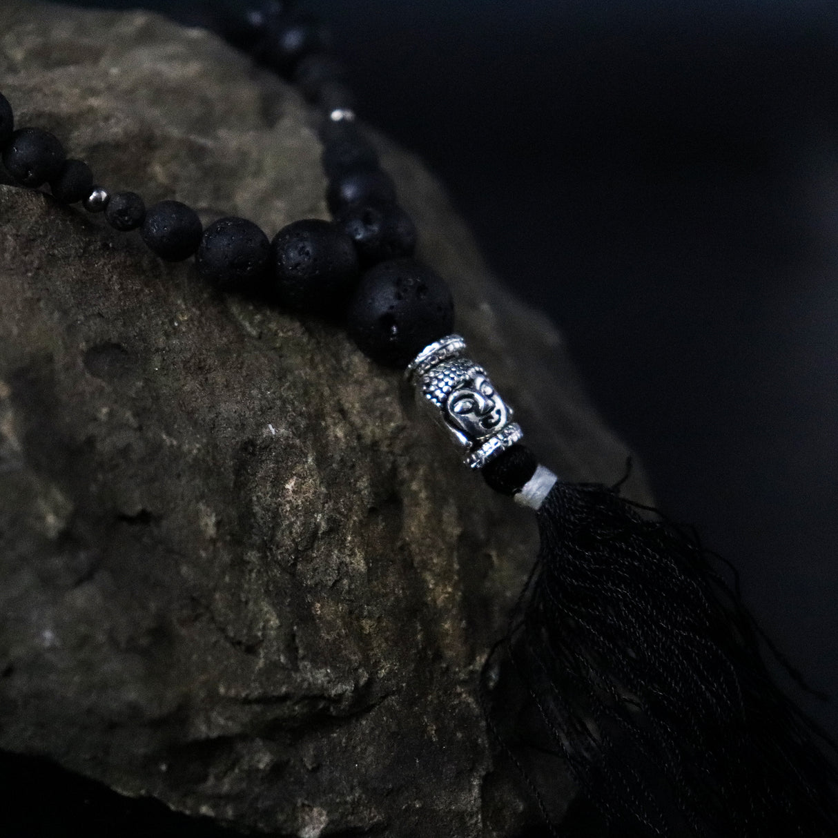 Håndlavet Lava Sten Mala Halskæde med Buddha Kvast