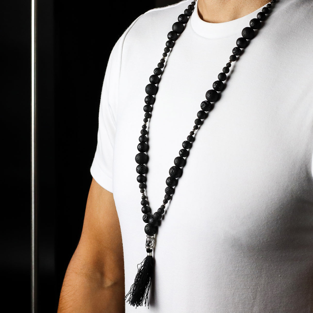 Håndlavet Lava Sten Mala Halskæde med Buddha Kvast