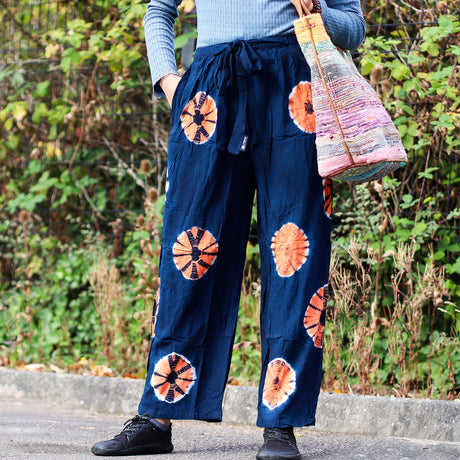 Japanskinspirerade marinblå orange tie-dye vida loungebyxor