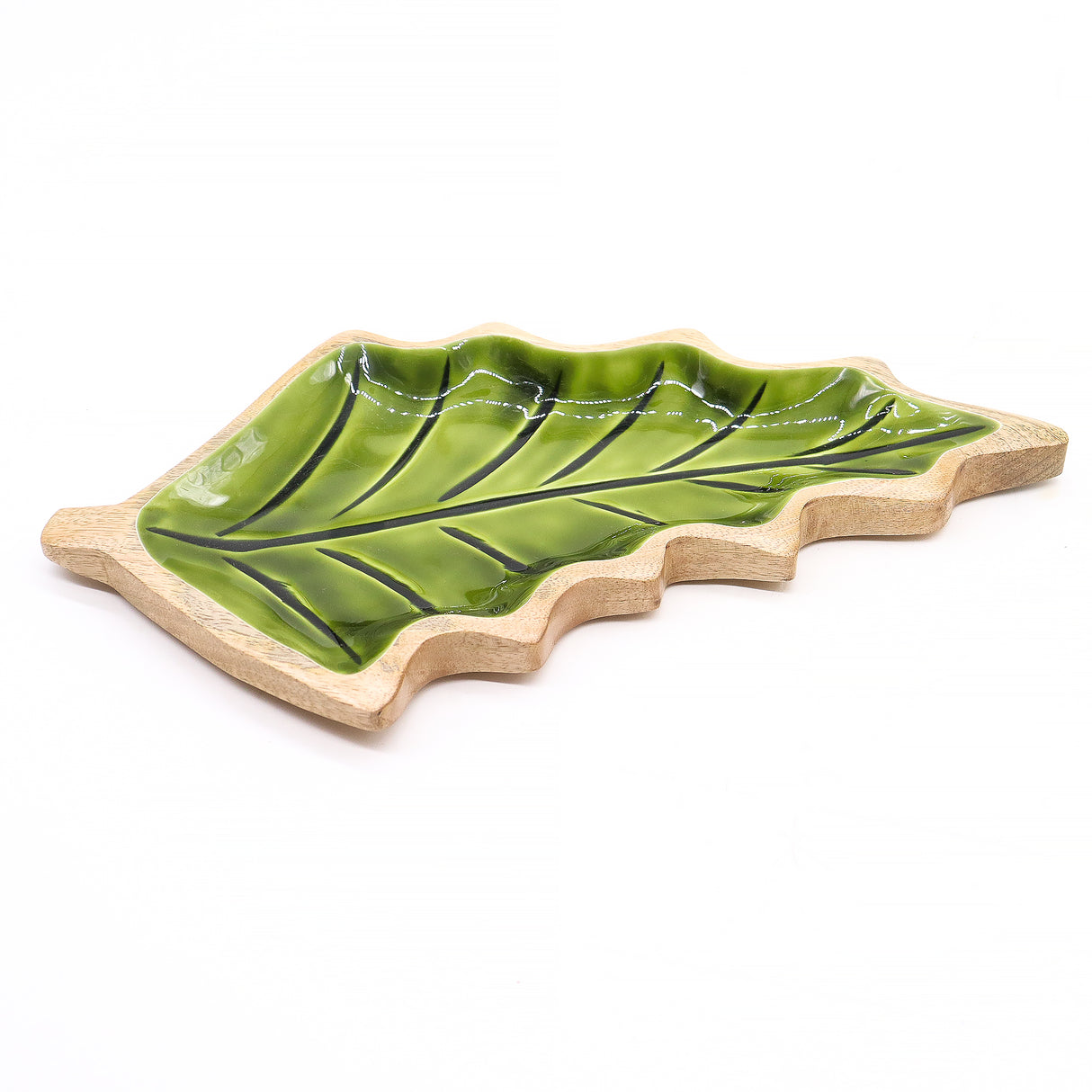 Tigela de Serviço com Folha Esmaltada Verde em Madeira de Manga 33×17cm