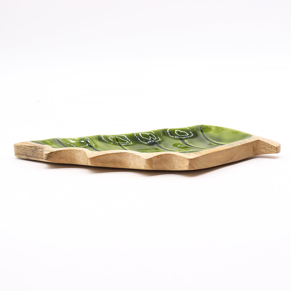 Tigela de Serviço com Folha Esmaltada Verde em Madeira de Manga 33×17cm