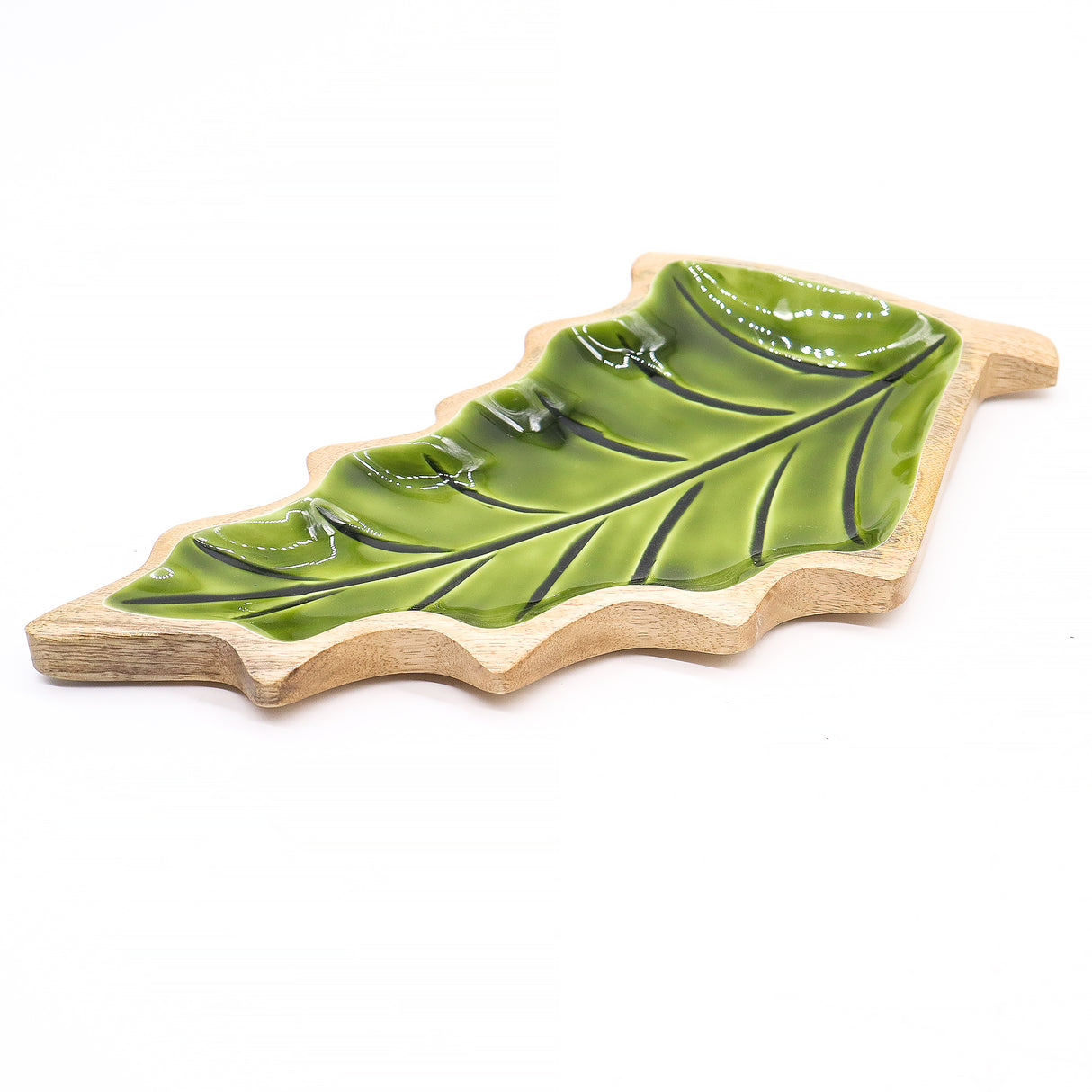 Tigela de Serviço com Folha Esmaltada Verde em Madeira de Manga 33×17cm