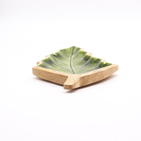 Cuenco para servir con hoja esmaltada verde de madera de mango 33×17cm