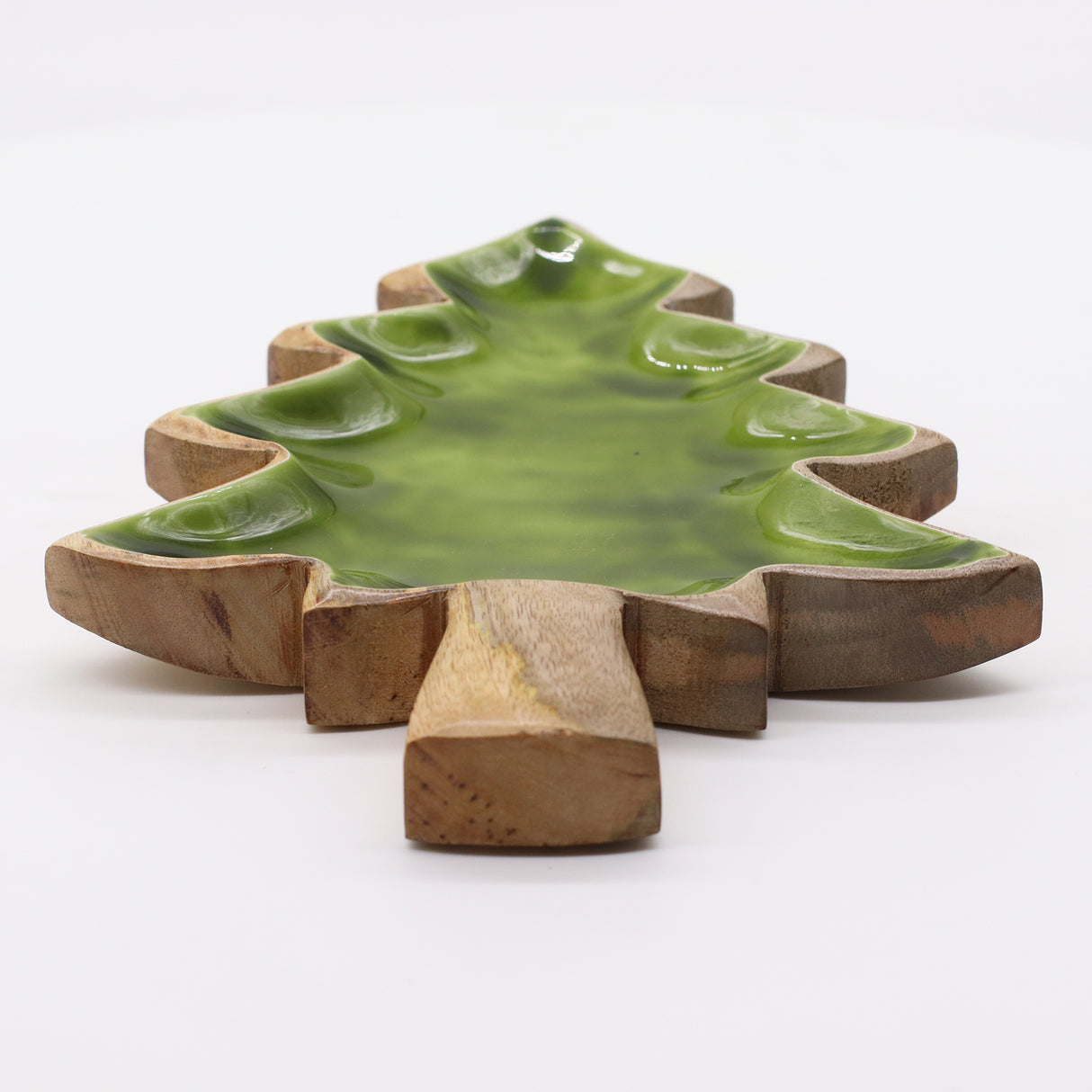 Tigela de Árvore de Natal em Madeira de Manga com Esmalte Verde 25x19cm