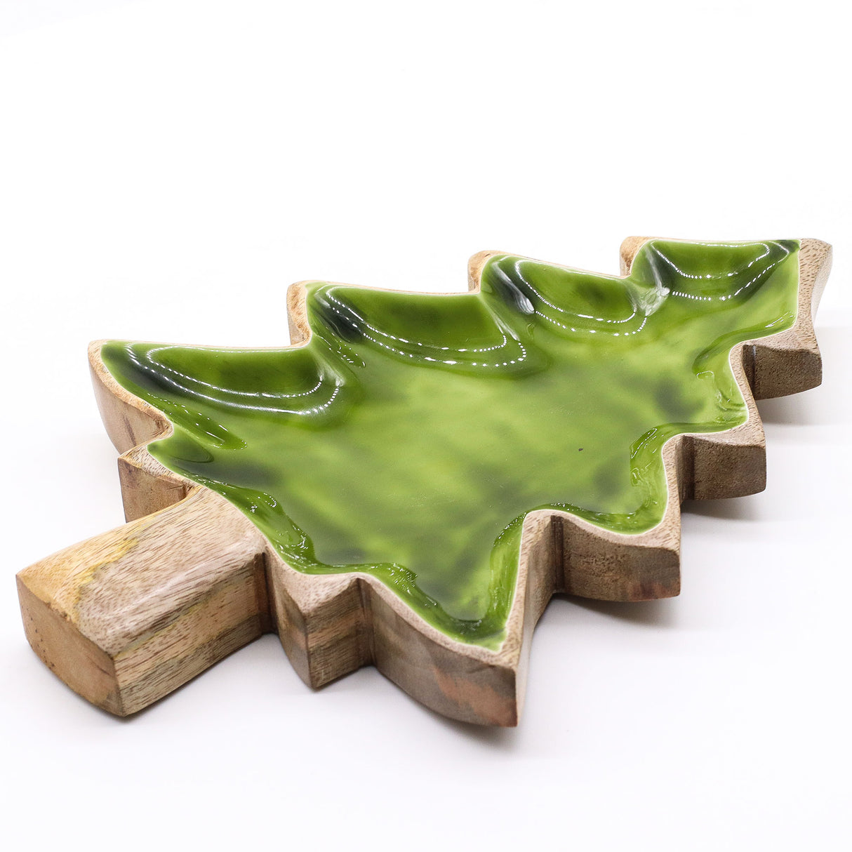 Tigela de Árvore de Natal em Madeira de Manga com Esmalte Verde 25x19cm