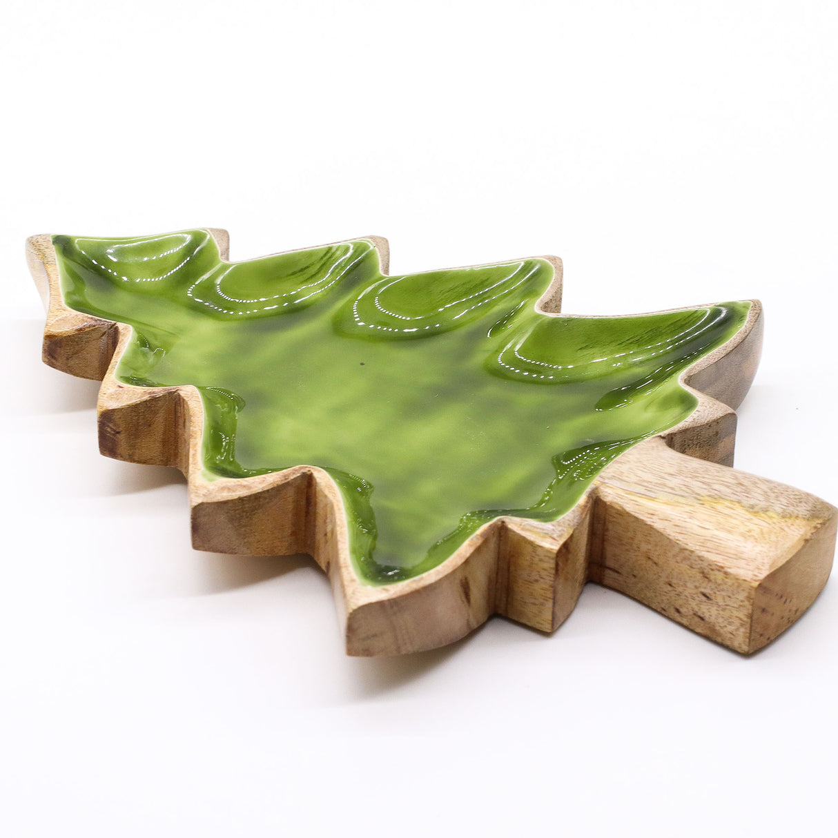 Tigela de Árvore de Natal em Madeira de Manga com Esmalte Verde 25x19cm