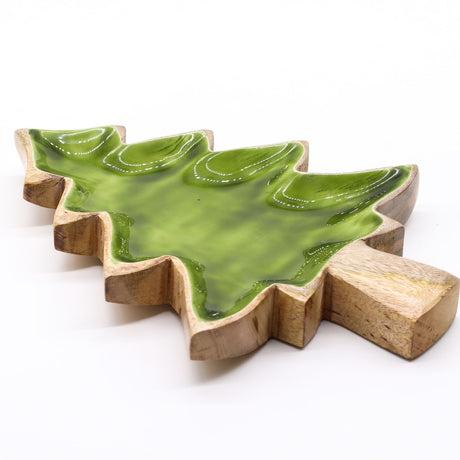 Cuenco de árbol de Navidad de madera de mango con esmalte verde 25x19cm