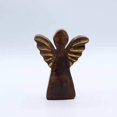 Hand-Carved Mango Wood Angel Figurine with Gold Wings