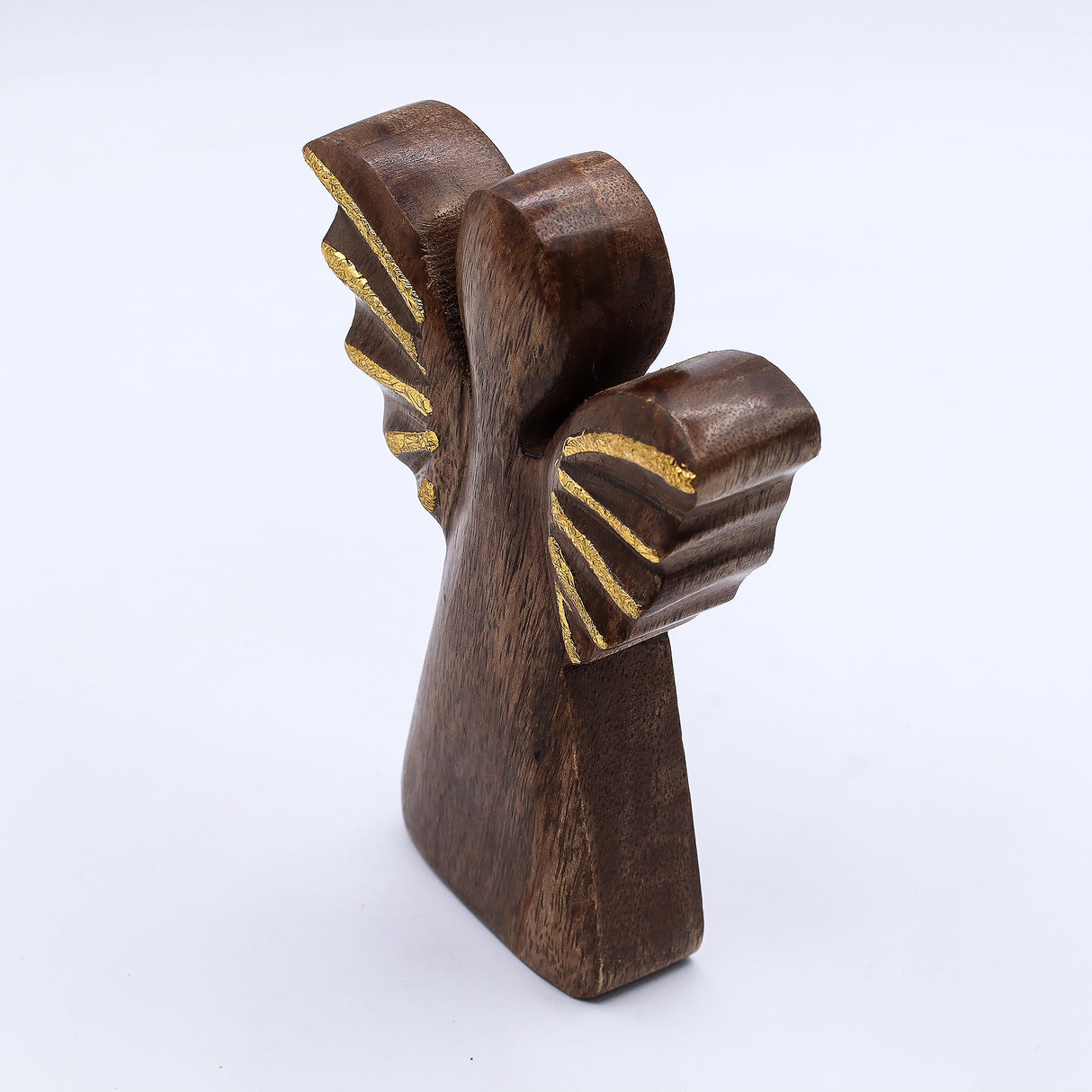 Figurină înger medie din lemn de mango sculptată manual, accente aurii — set de 6 bucăți