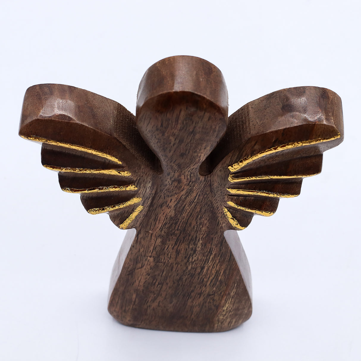 Hand-Carved Mango Wood Angel Figurine, Gold Wings 19cm