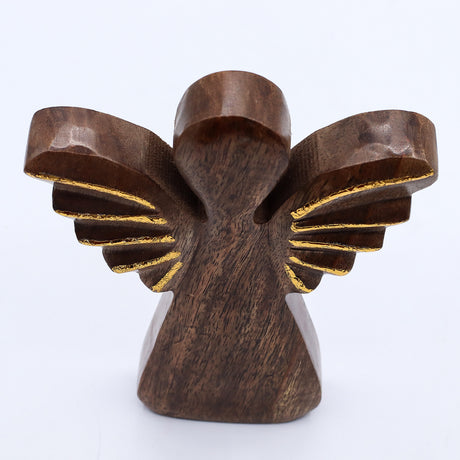 Hand-Carved Mango Wood Angel Figurine, Gold Wings 19cm