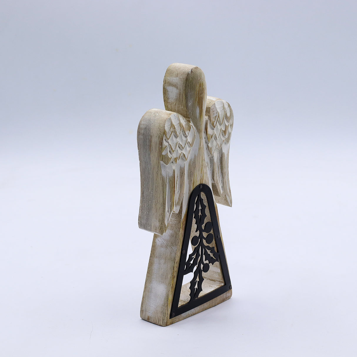 Hand-Carved Mango Wood Angel, Iron Holly Cutout, 18cm