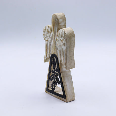 Hand-Carved Mango Wood Angel, Iron Holly Cutout, 18cm